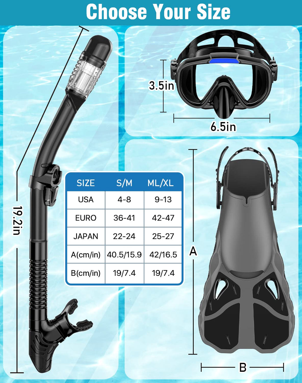 Vengreedo Adult Snorkeling Set with Mask, Fins & Dry Top