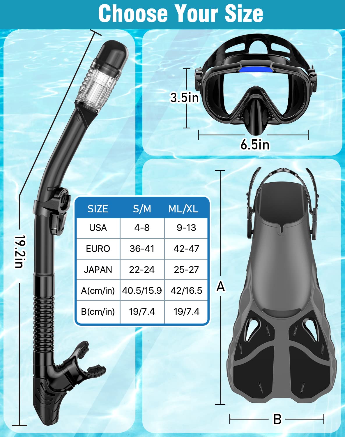 Vengreedo Adult Snorkeling Set with Mask, Fins & Dry Top