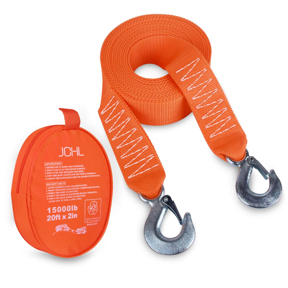 JCHL 2-Inch x 20-Foot Recovery Tow Strap with Hooks