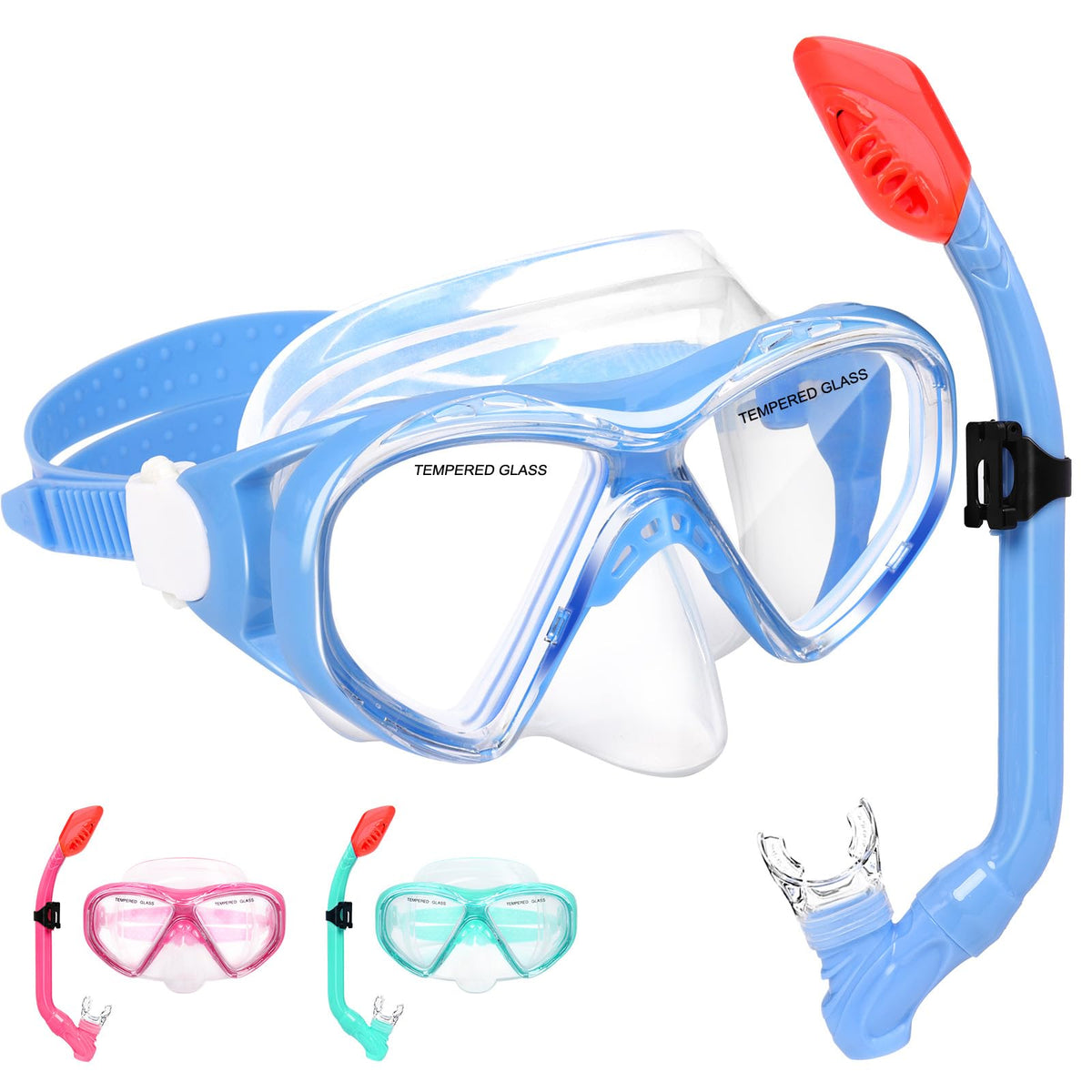 Kids Dry-Top Snorkel Set with Panoramic Tempered Glass Mask