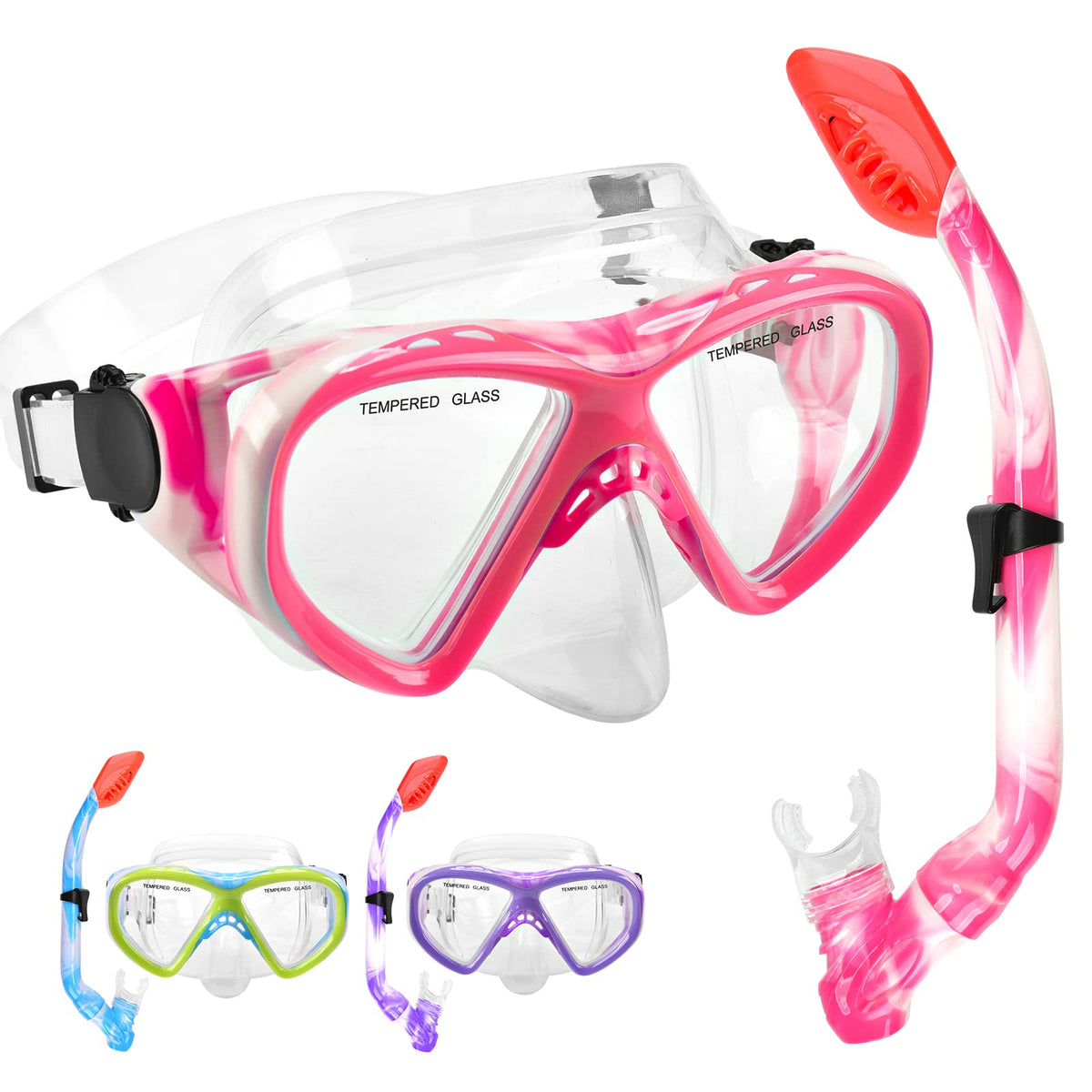 Kids Dry-Top Snorkel Set with Panoramic Tempered Glass Mask