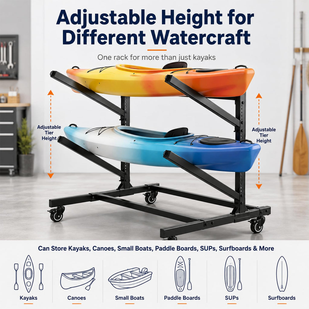 2-Tier Freestanding Kayak Storage Rack with Wheels