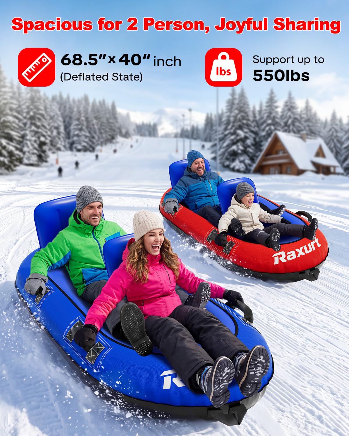 Raxurt Heavy-Duty 2-Person Snow Tube with Dual Backrests