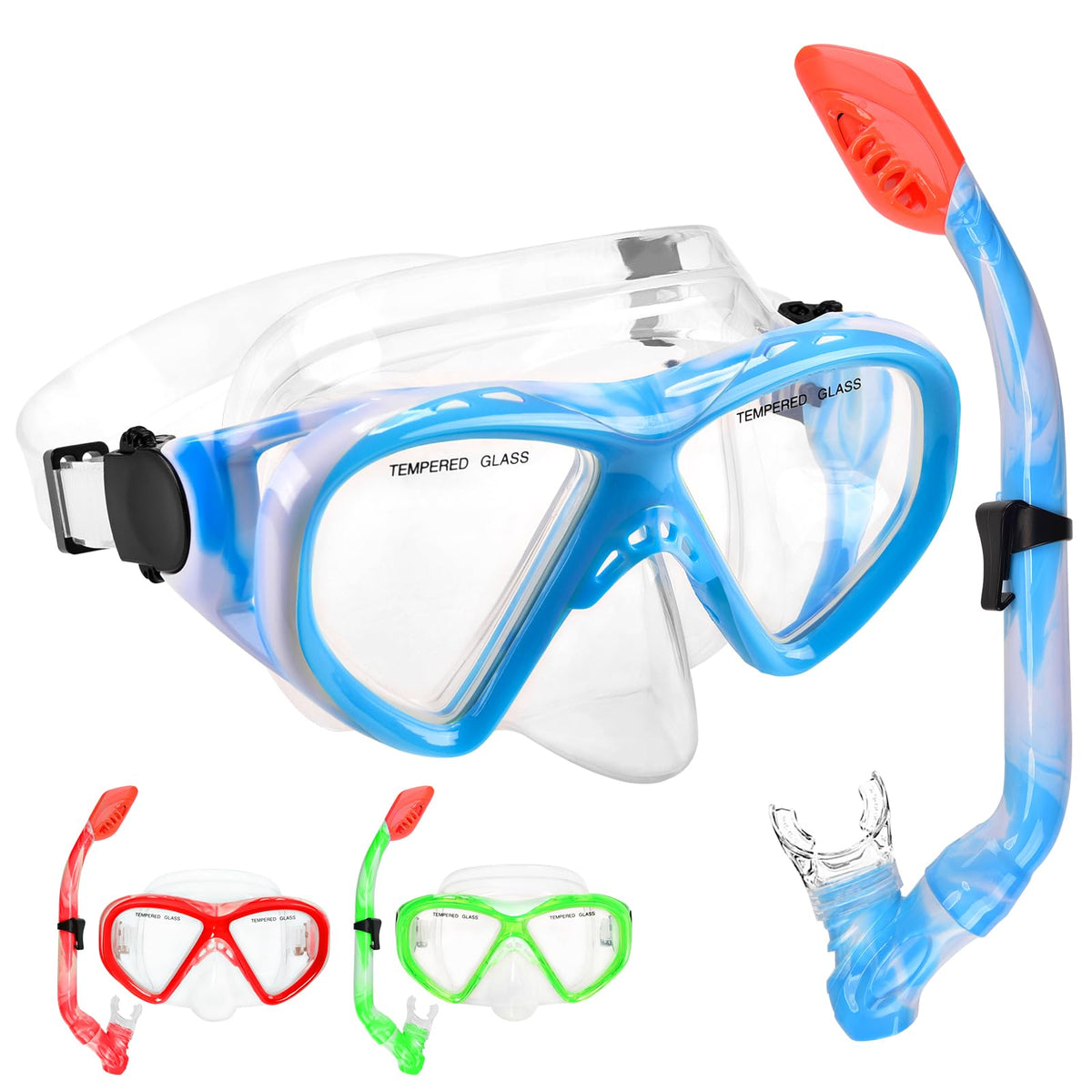 Kids Dry-Top Snorkel Set with Panoramic Tempered Glass Mask