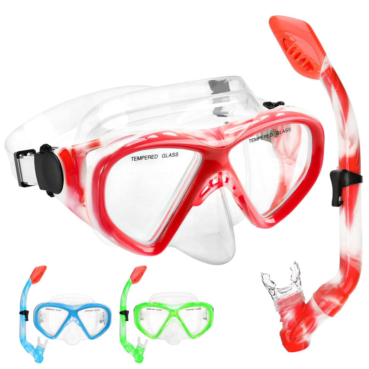 Kids Dry-Top Snorkel Set with Panoramic Tempered Glass Mask