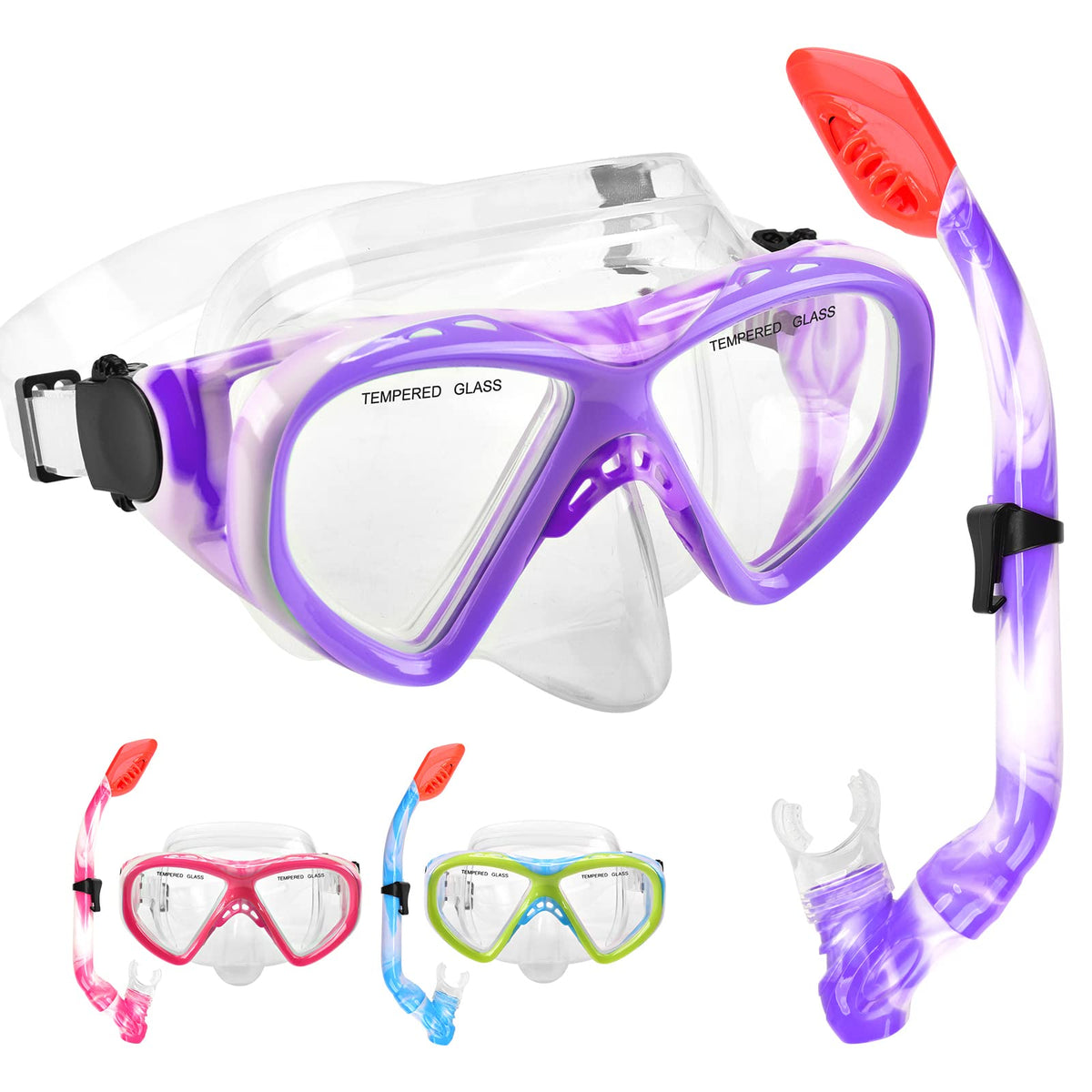 Kids Dry-Top Snorkel Set with Panoramic Tempered Glass Mask