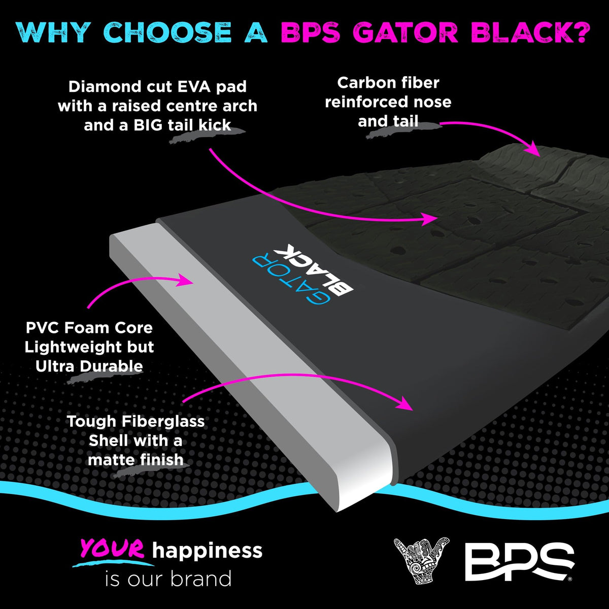 BPS Gator Black 44-Inch Fiberglass Carbon Skimboard with Bag