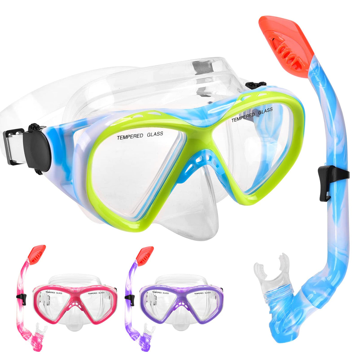 Kids Dry-Top Snorkel Set with Panoramic Tempered Glass Mask