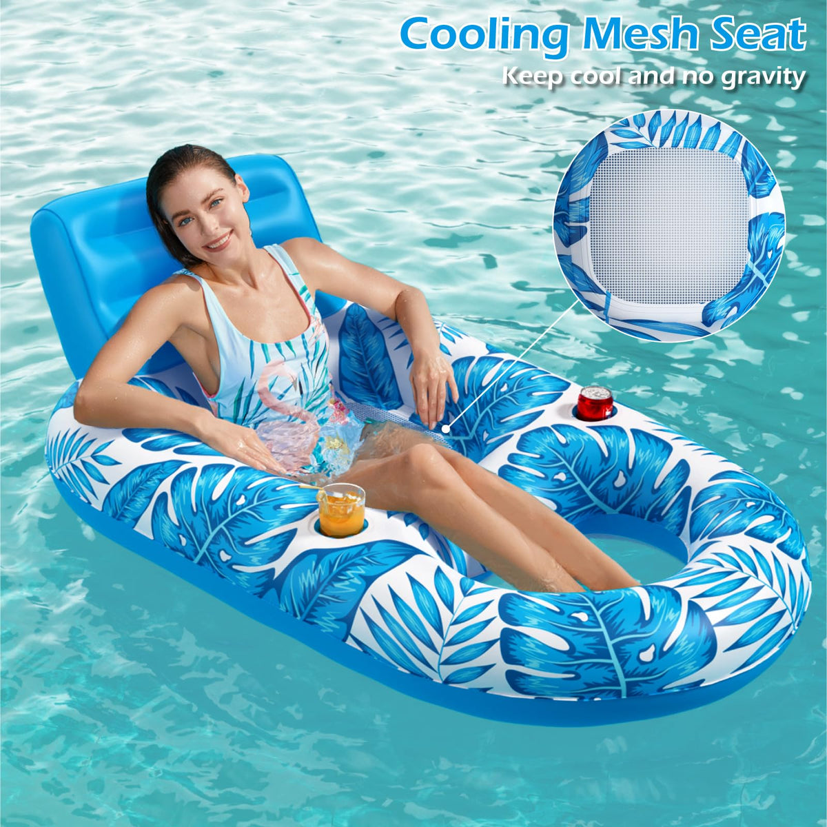 Jasonwell Inflatable Pool Float Chair with Cup Holders