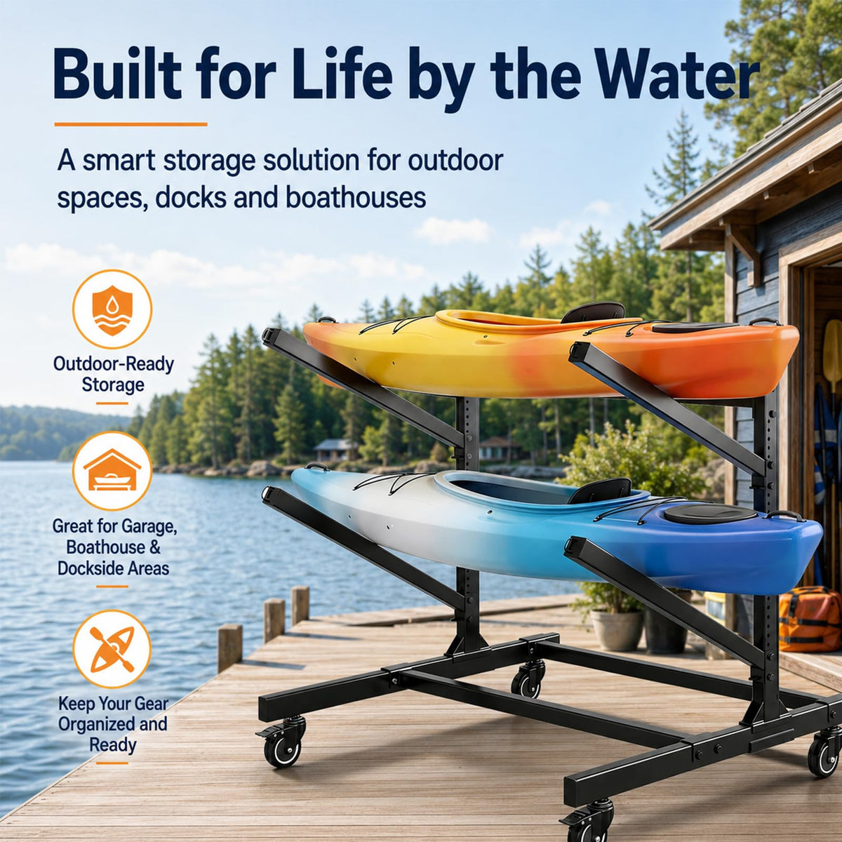 2-Tier Freestanding Kayak Storage Rack with Wheels