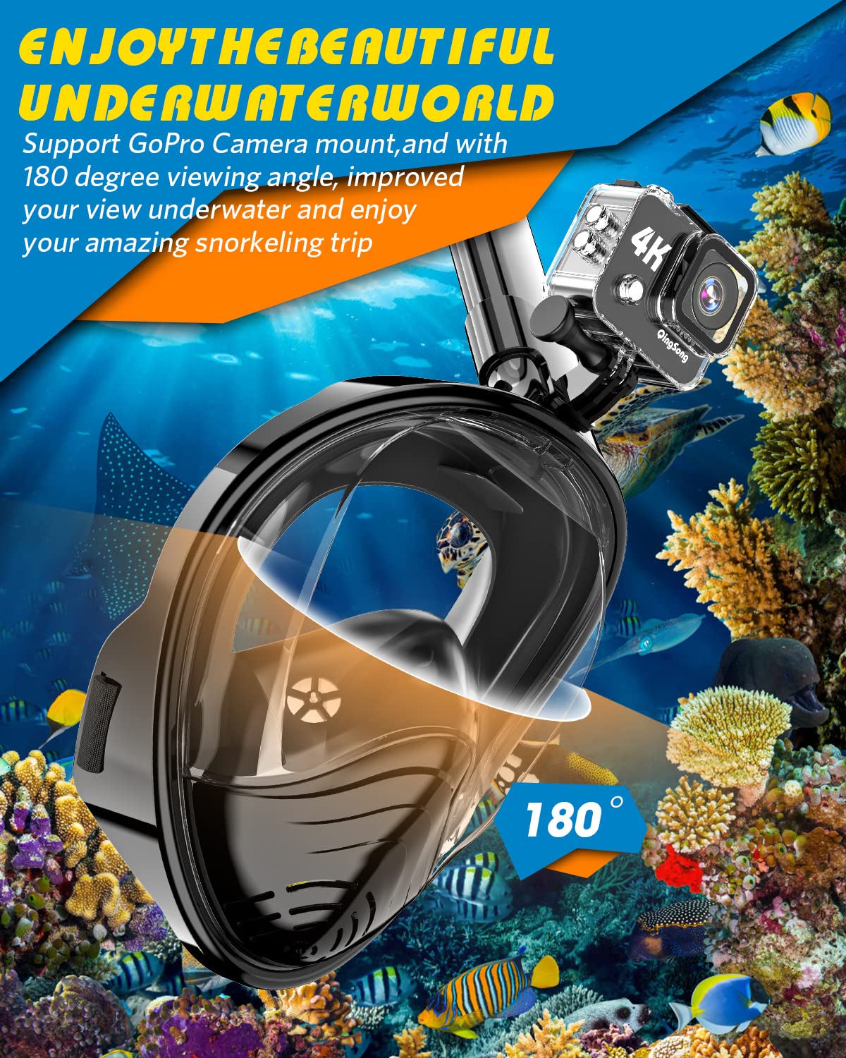 QingSong 180° Full-Face Snorkel Mask with Camera Mount